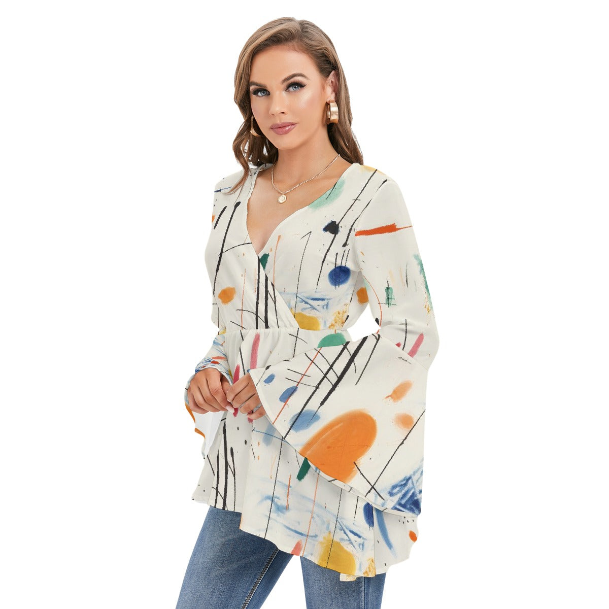 All-Over Print Women's V-neck Blouse With Flared Sleeves