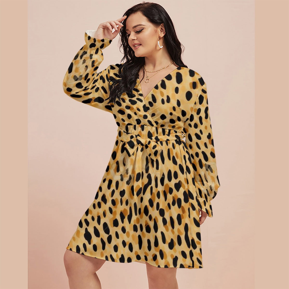 All-Over Print Women's V-neck Dress With Waistband(Plus Size)