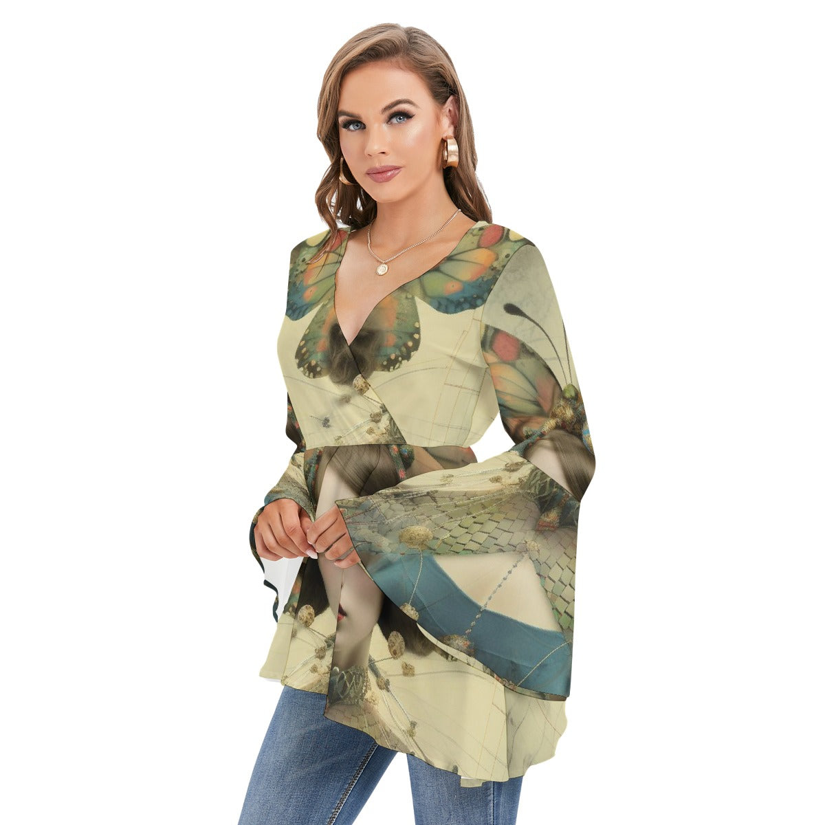 All-Over Print Women's V-neck Blouse With Flared Sleeves