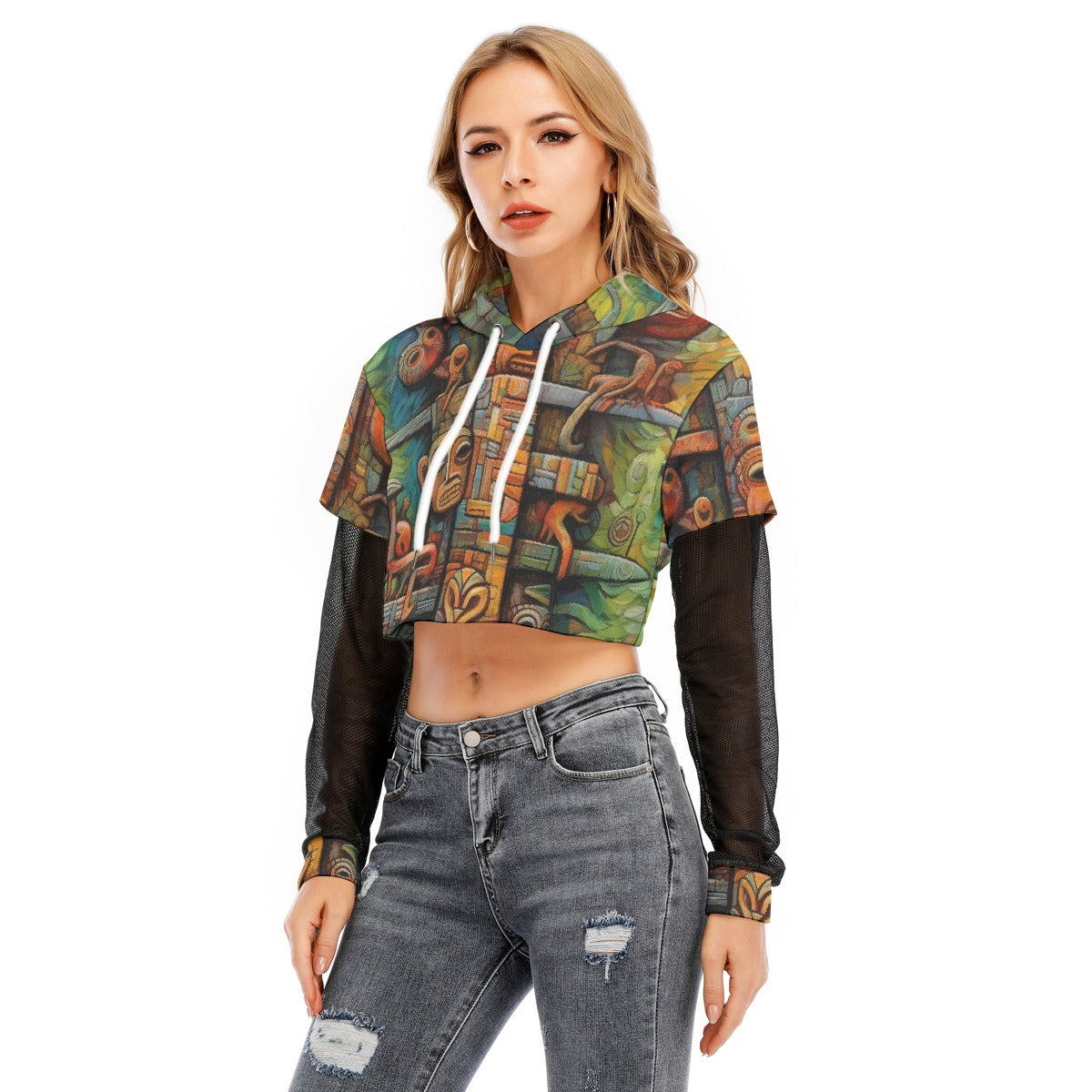 All-Over Print Women's Fake Two-piece Mesh Sleeve Cropped Hoodie