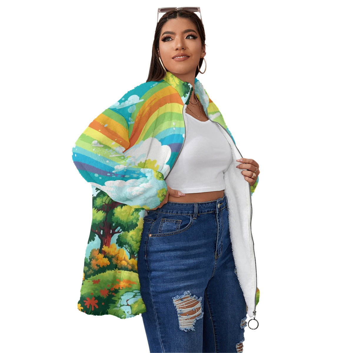 All-Over Print Unisex Borg Fleece Stand-up Collar Coat With Zipper Closure(Plus Size)