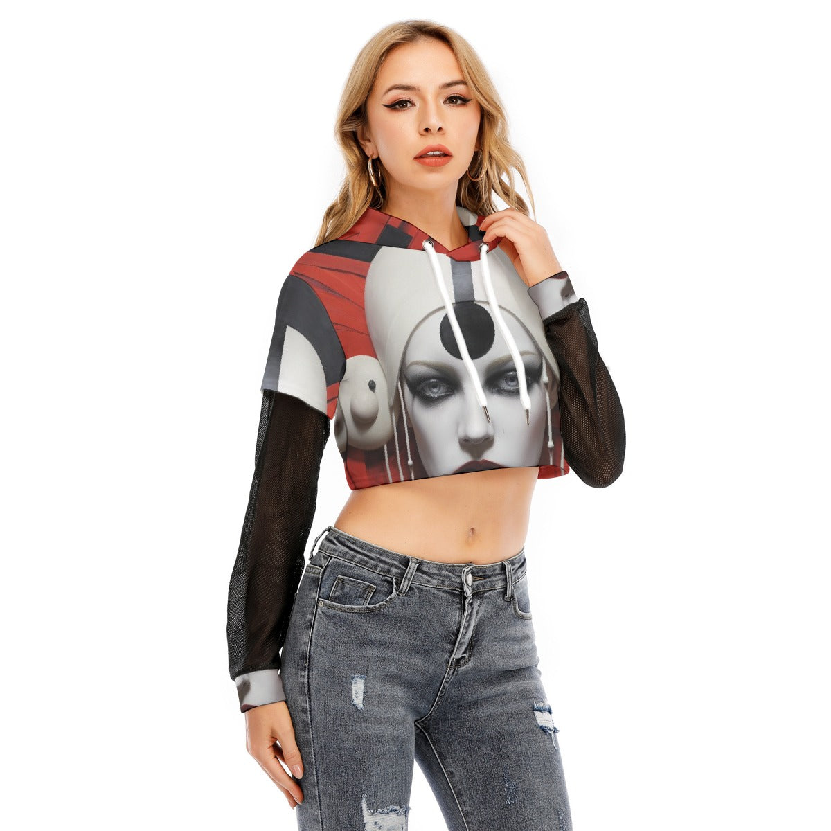 All-Over Print Women's Fake Two-piece Mesh Sleeve Cropped Hoodie