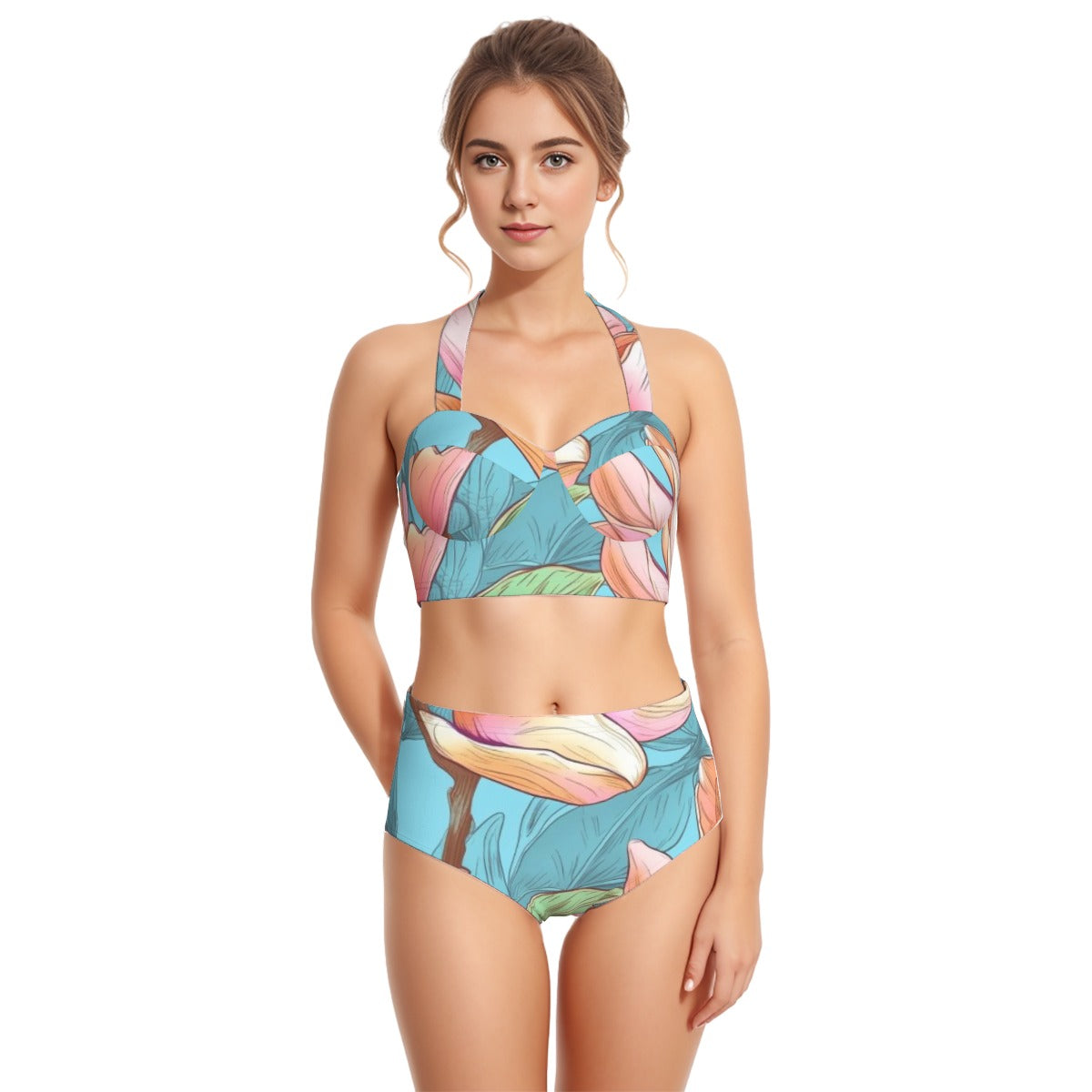 All-Over Print Women's Swimsuit Set With Halter