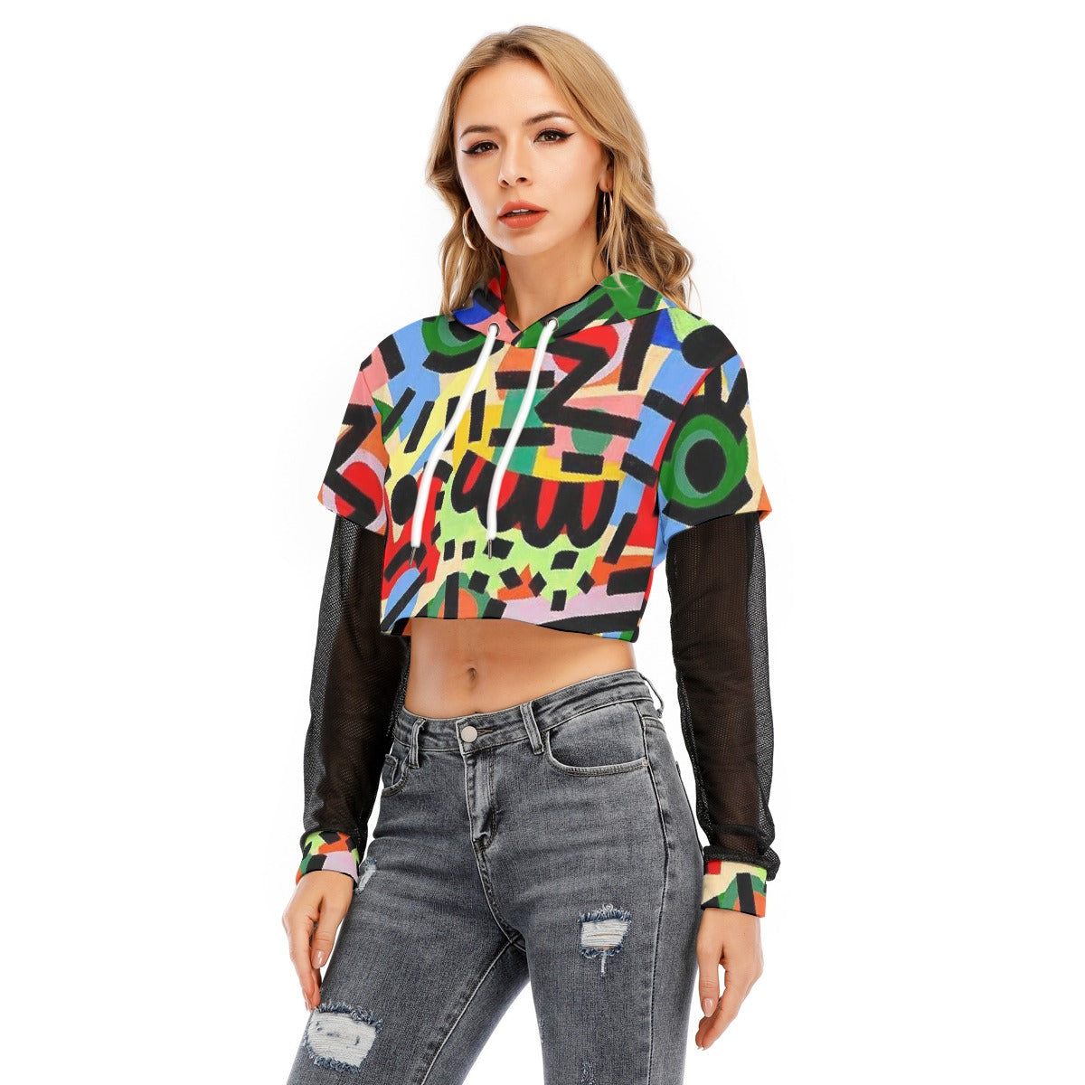 All-Over Print Women's Fake Two-piece Mesh Sleeve Cropped Hoodie