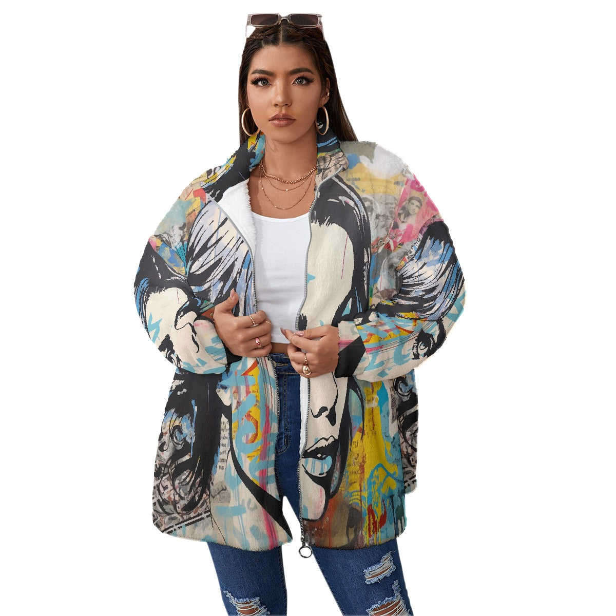 All-Over Print Unisex Borg Fleece Stand-up Collar Coat With Zipper Closure(Plus Size)