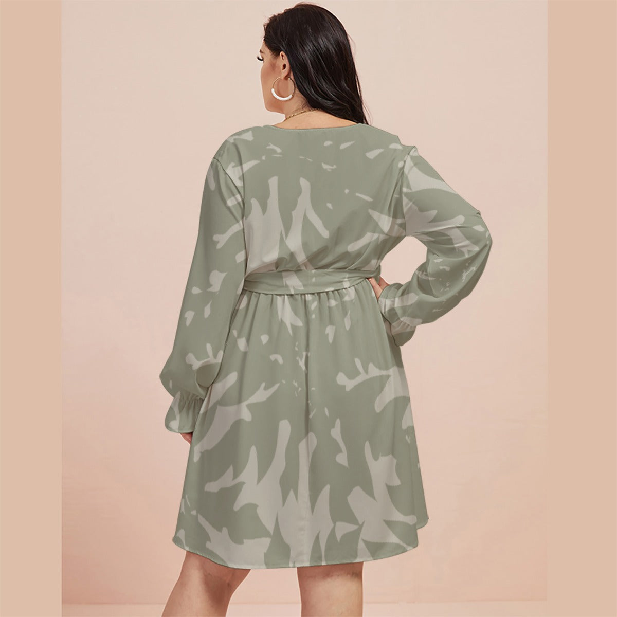 All-Over Print Women's V-neck Dress With Waistband(Plus Size)