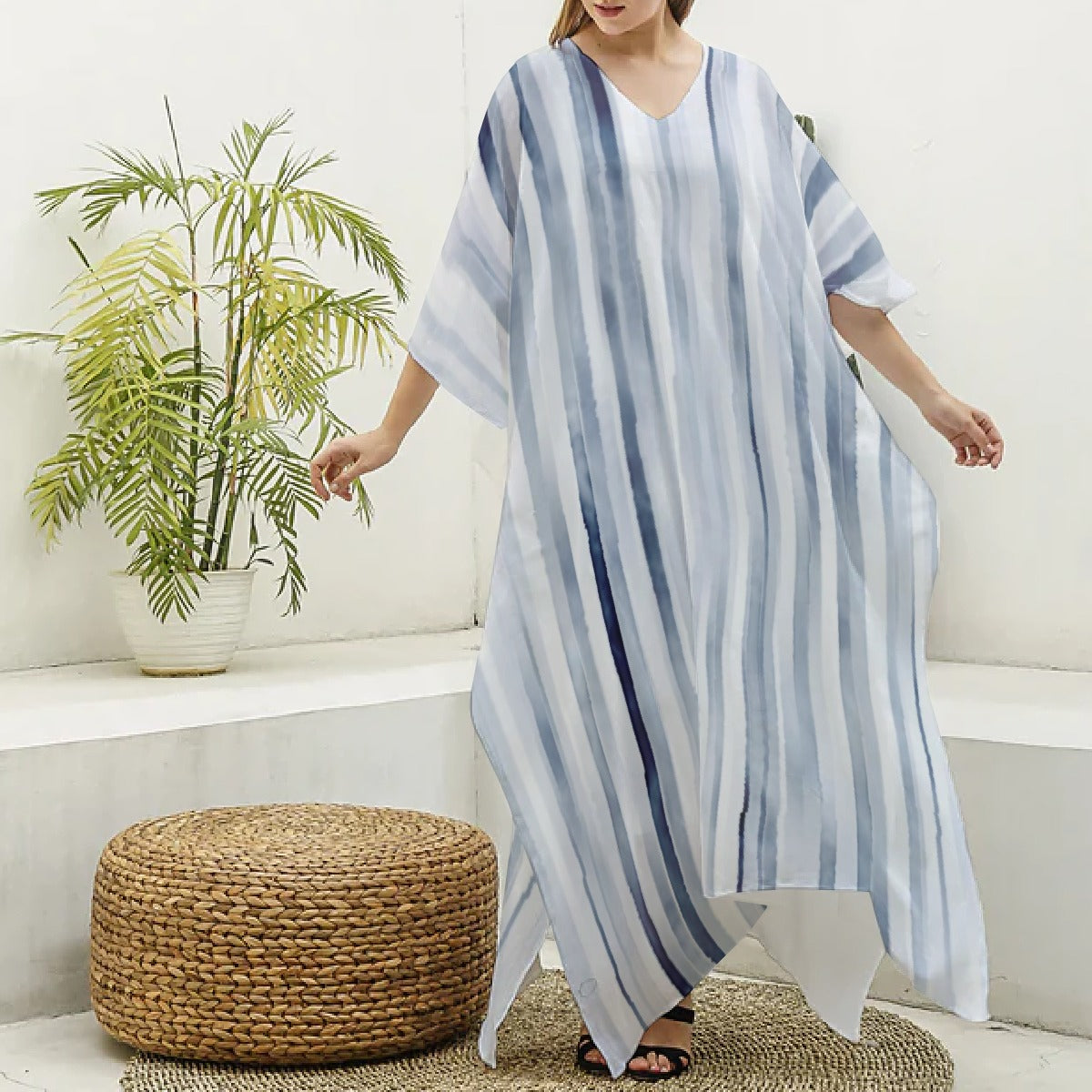 All-Over Print Women's Imitation Silk V-neck Kaftan Robe