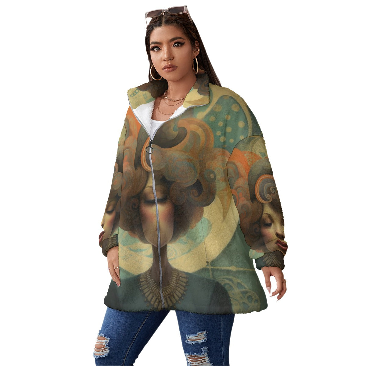 All-Over Print Unisex Borg Fleece Stand-up Collar Coat With Zipper Closure(Plus Size)