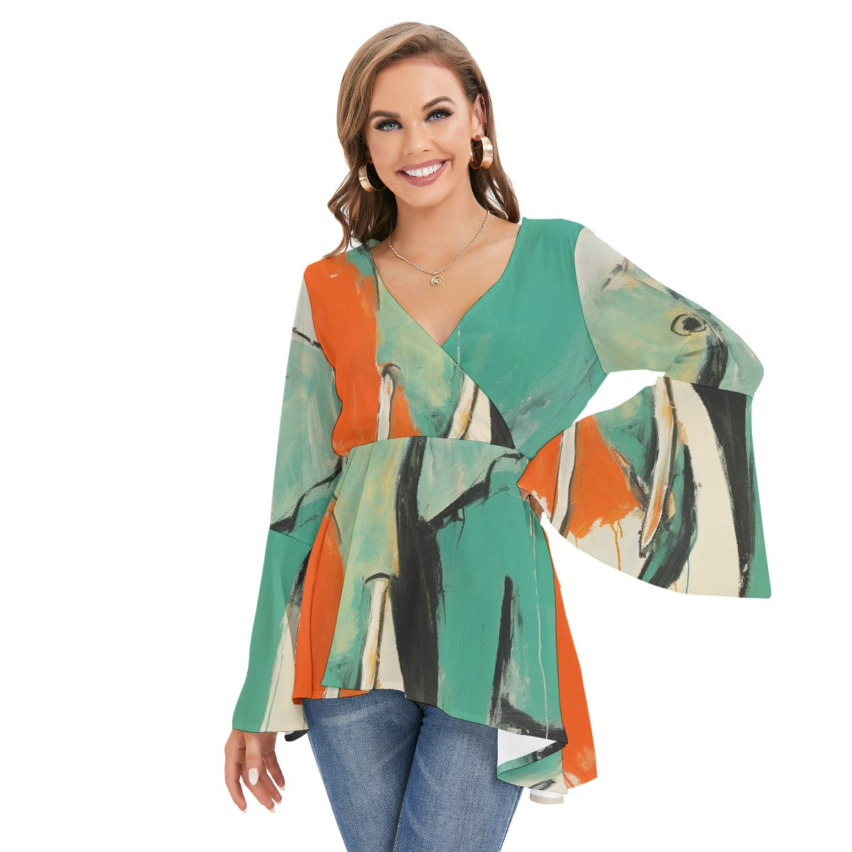 All-Over Print Women's V-neck Blouse With Flared Sleeves