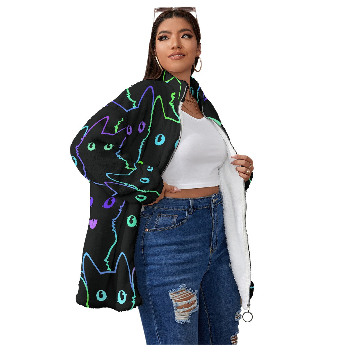All-Over Print Unisex Borg Fleece Stand-up Collar Coat With Zipper Closure(Plus Size)
