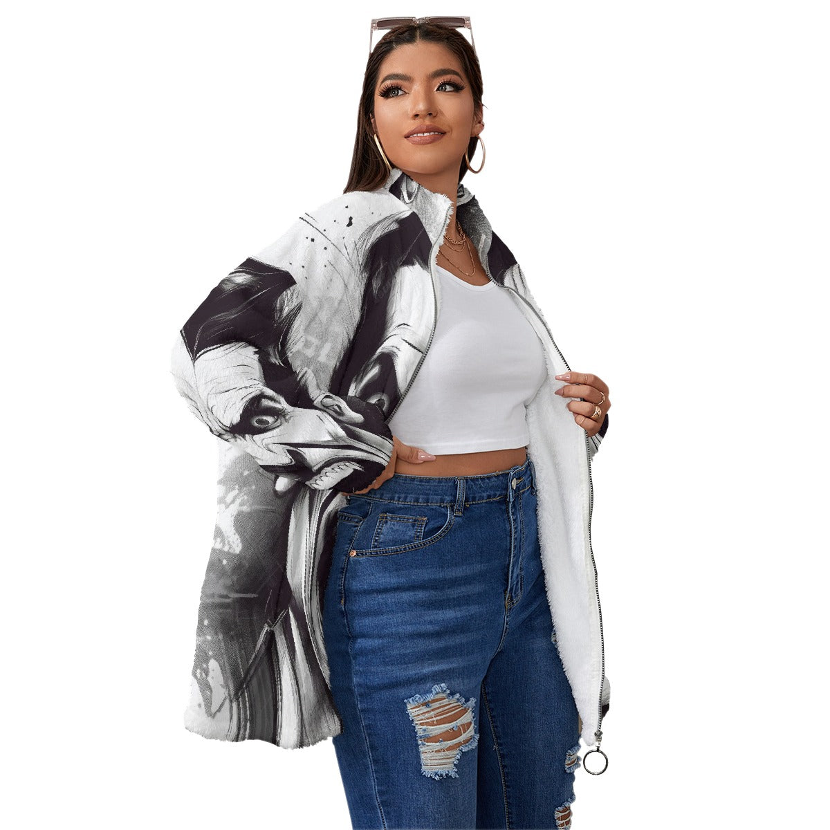 All-Over Print Unisex Borg Fleece Stand-up Collar Coat With Zipper Closure(Plus Size)