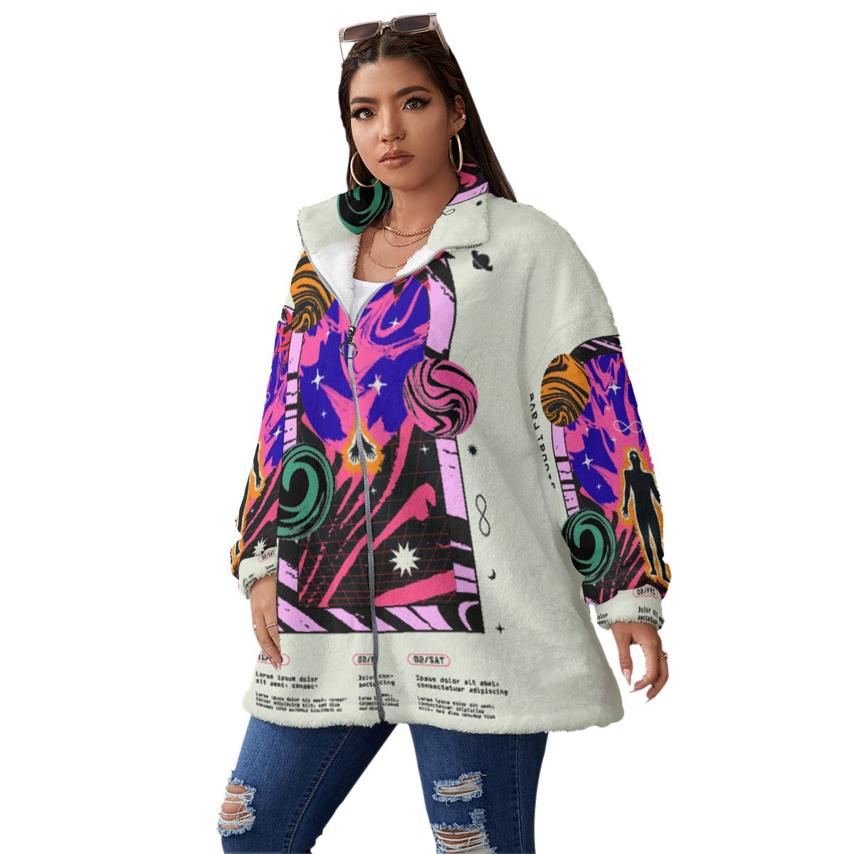 All-Over Print Unisex Borg Fleece Stand-up Collar Coat With Zipper Closure(Plus Size)