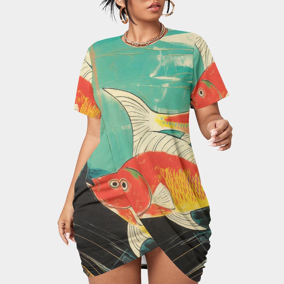 All-Over Print Women’s Stacked Hem Dress With Short Sleeve（Plus Size）