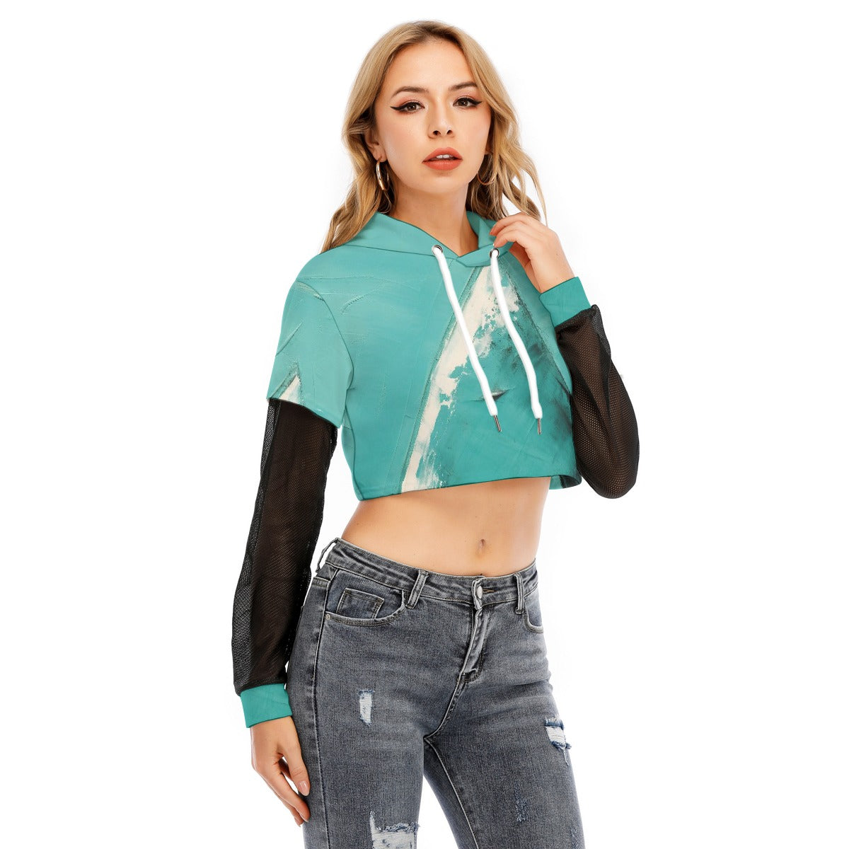 All-Over Print Women's Fake Two-piece Mesh Sleeve Cropped Hoodie