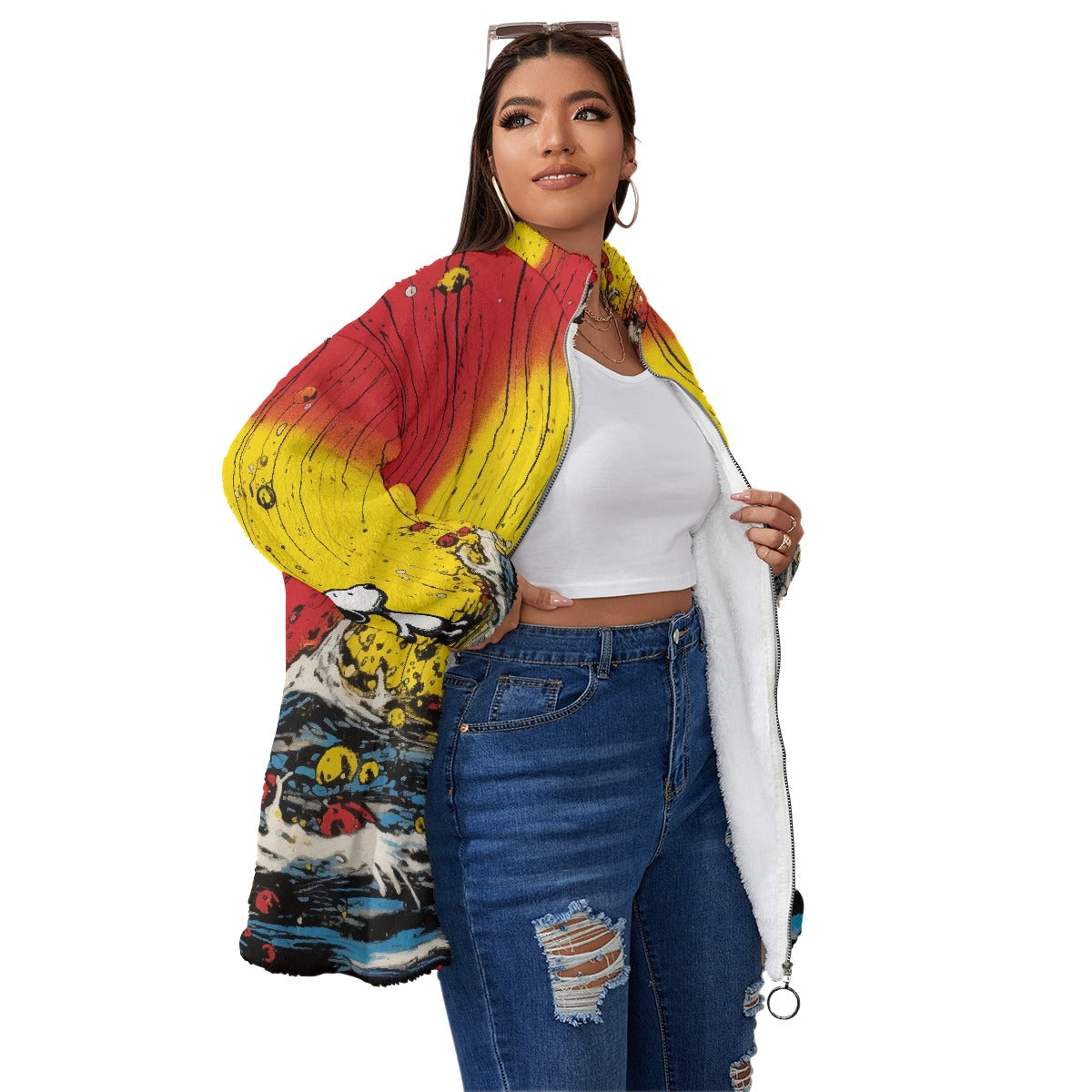 All-Over Print Unisex Borg Fleece Stand-up Collar Coat With Zipper Closure(Plus Size)