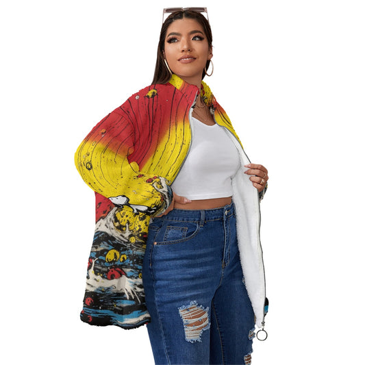 All-Over Print Unisex Borg Fleece Stand-up Collar Coat With Zipper Closure(Plus Size)