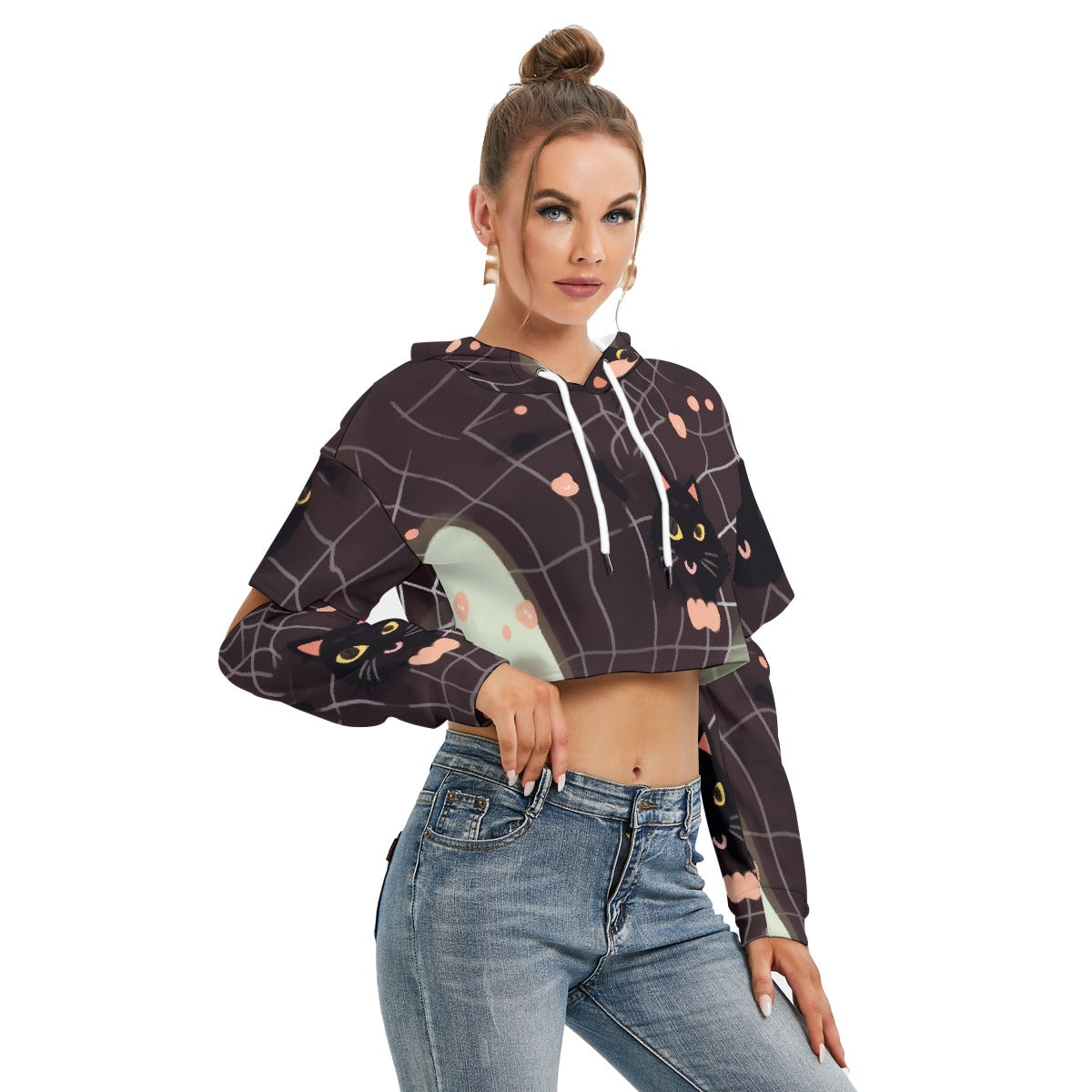 All-Over Print Women's Heavy Fleece Hoodie With Hollow Out Sleeve