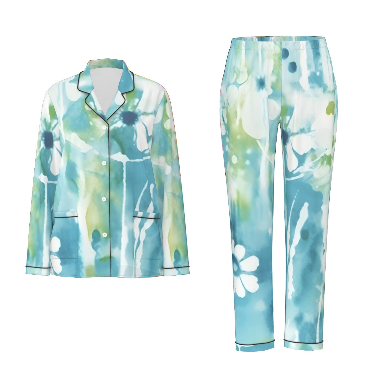 All-Over Print Women's Long Sleeve Pajama Set With Black Contrast Piping