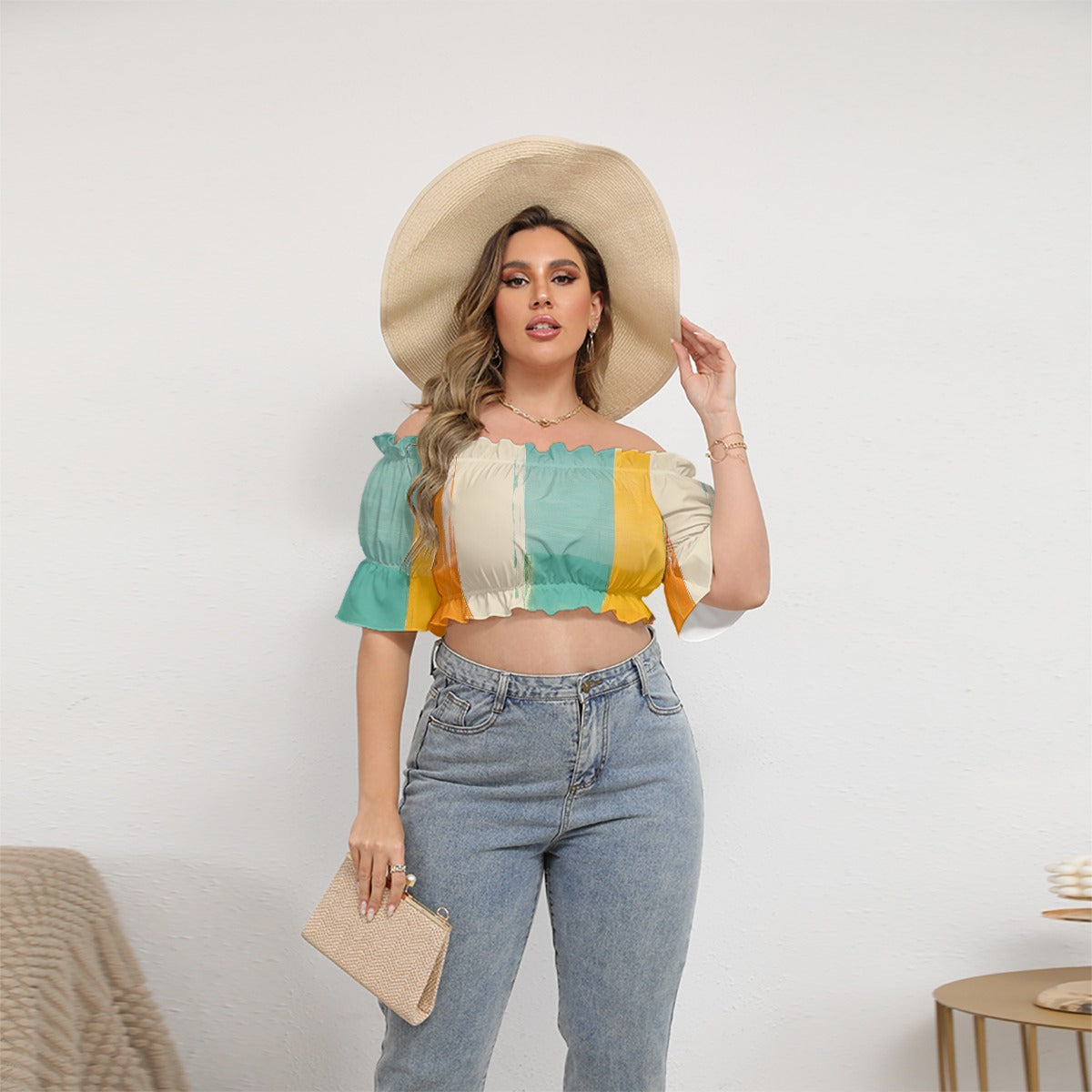 All-Over Print Women's Off-shoulder Cropped Top With Short Puff Sleeve