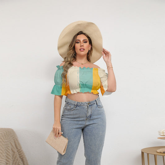 All-Over Print Women's Off-shoulder Cropped Top With Short Puff Sleeve