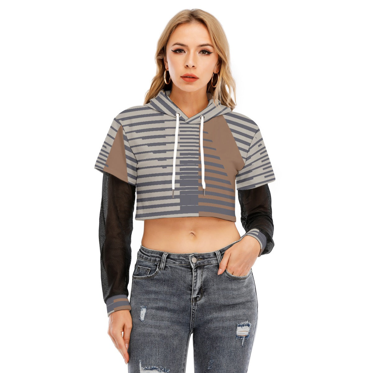 All-Over Print Women's Fake Two-piece Mesh Sleeve Cropped Hoodie