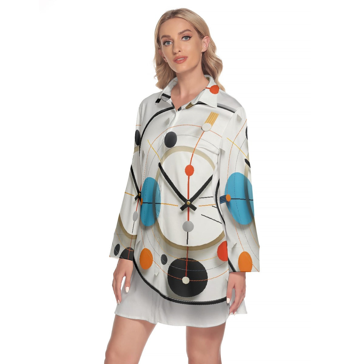 All-Over Print Women's Lapel Shirt Dress With Long Sleeve