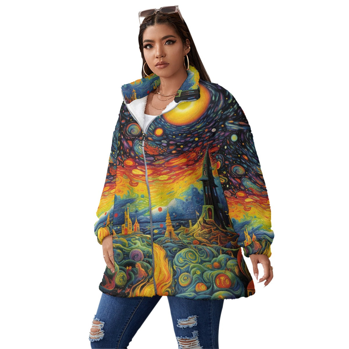 All-Over Print Unisex Borg Fleece Stand-up Collar Coat With Zipper Closure(Plus Size)