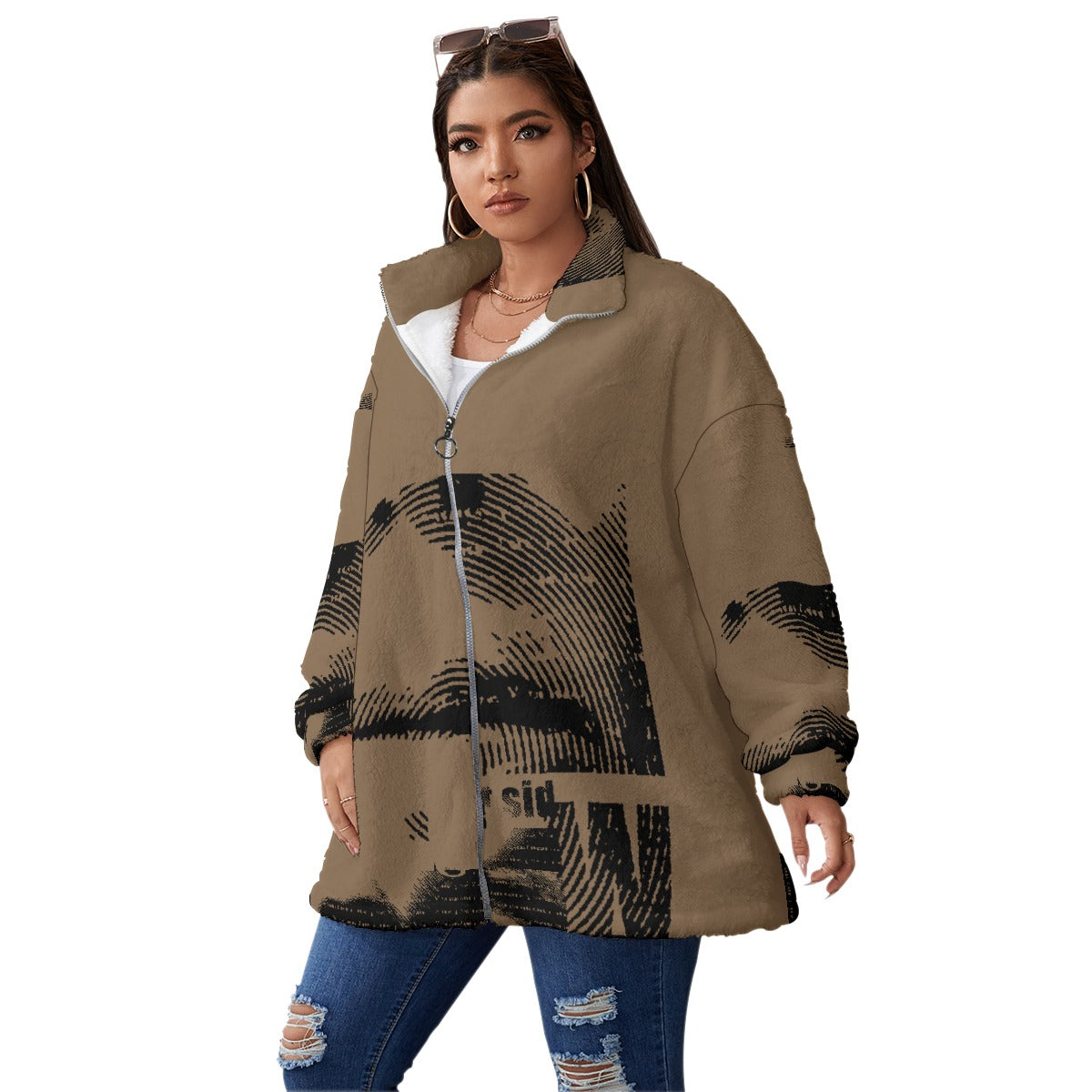 All-Over Print Unisex Borg Fleece Stand-up Collar Coat With Zipper Closure(Plus Size)