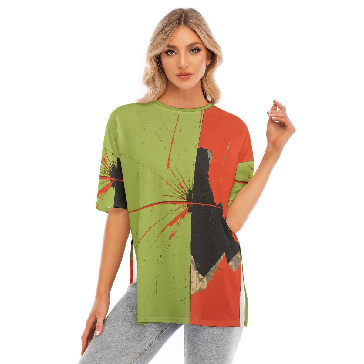 All-Over Print Women's Short Sleeves T-shirt With Hem Split