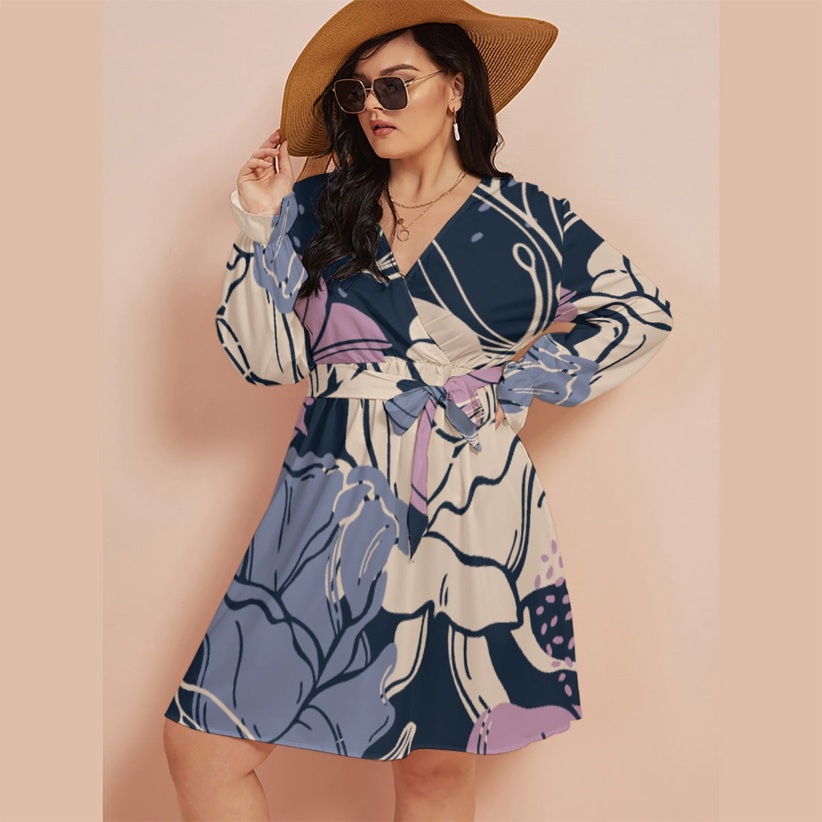 All-Over Print Women's V-neck Dress With Waistband(Plus Size)