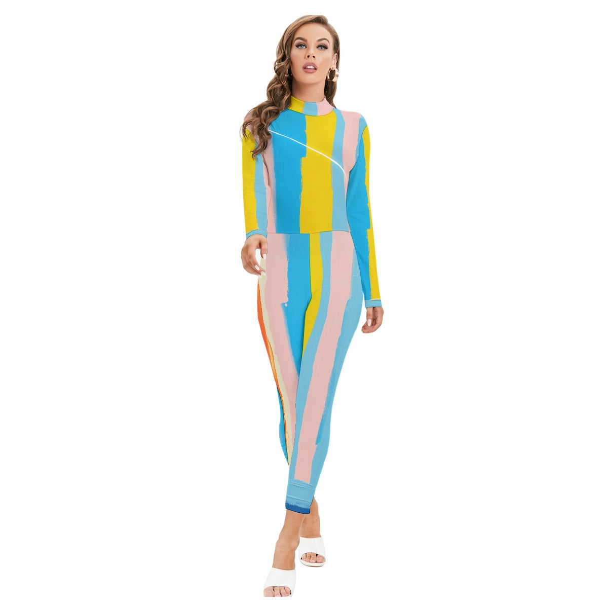 All-Over Print Women's Long-sleeved High-neck Jumpsuit With Zipper