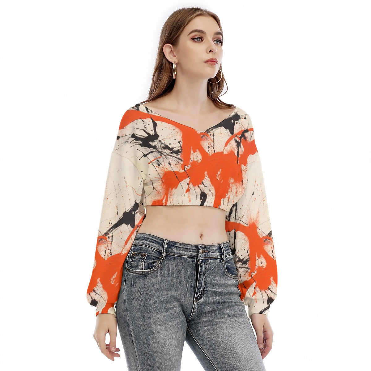 All-Over Print Women's V-neck Long Sleeve Cropped Sweatshirt