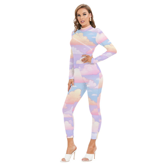 All-Over Print Women's Long-sleeved High-neck Jumpsuit With Zipper