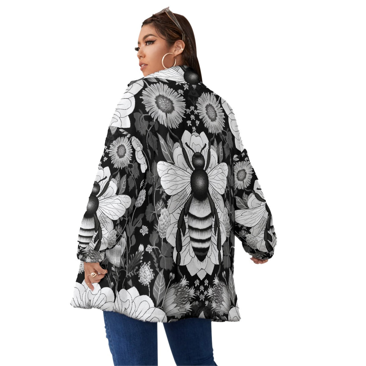 All-Over Print Unisex Borg Fleece Stand-up Collar Coat With Zipper Closure(Plus Size)