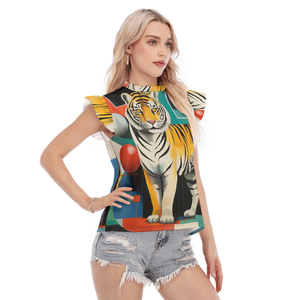 All-Over Print Women's Blouse With Ruffle Collar And Sleeve