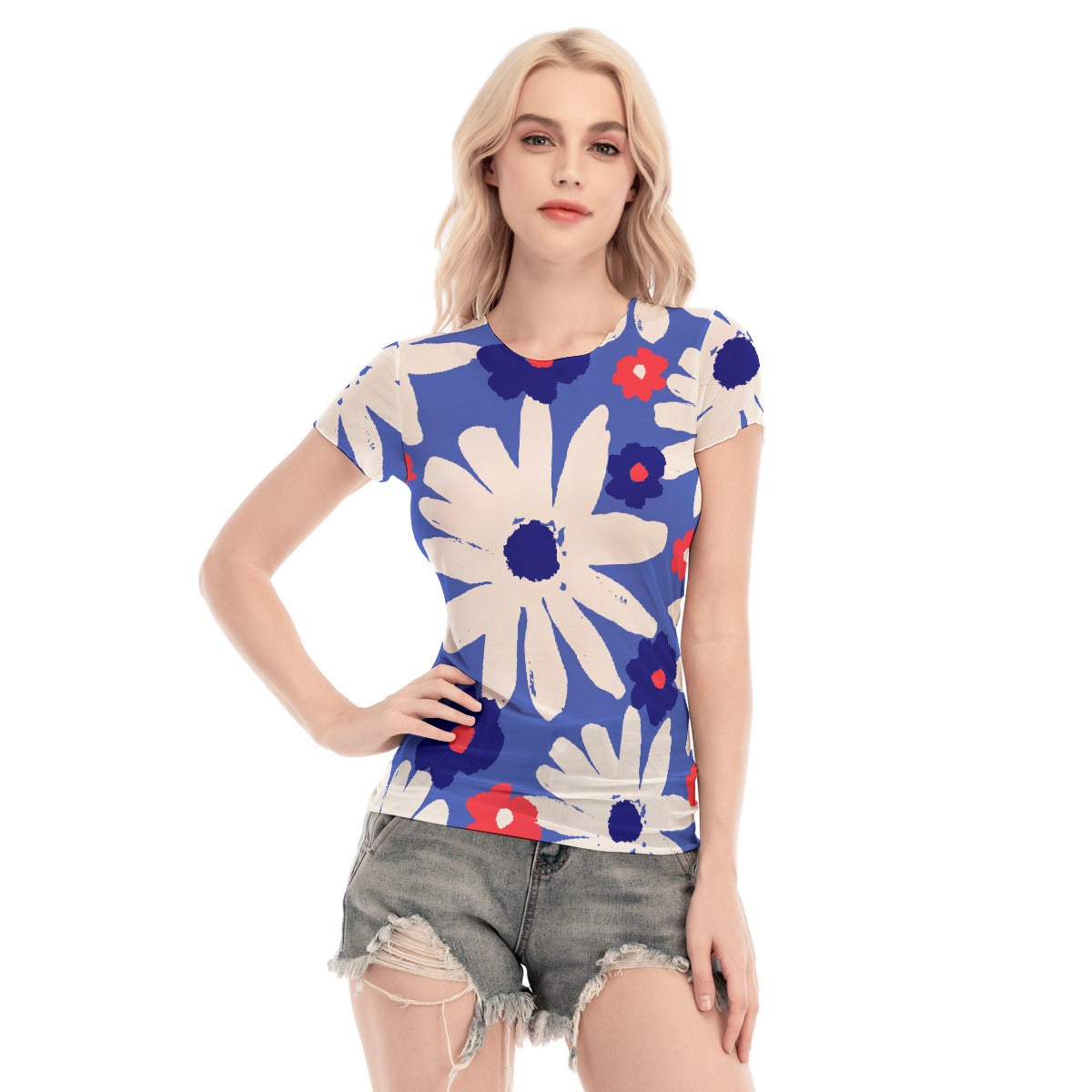 All-Over Print Women's Short Sleeve Mesh Blouse