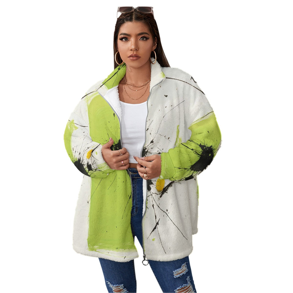 All-Over Print Unisex Borg Fleece Stand-up Collar Coat With Zipper Closure(Plus Size)