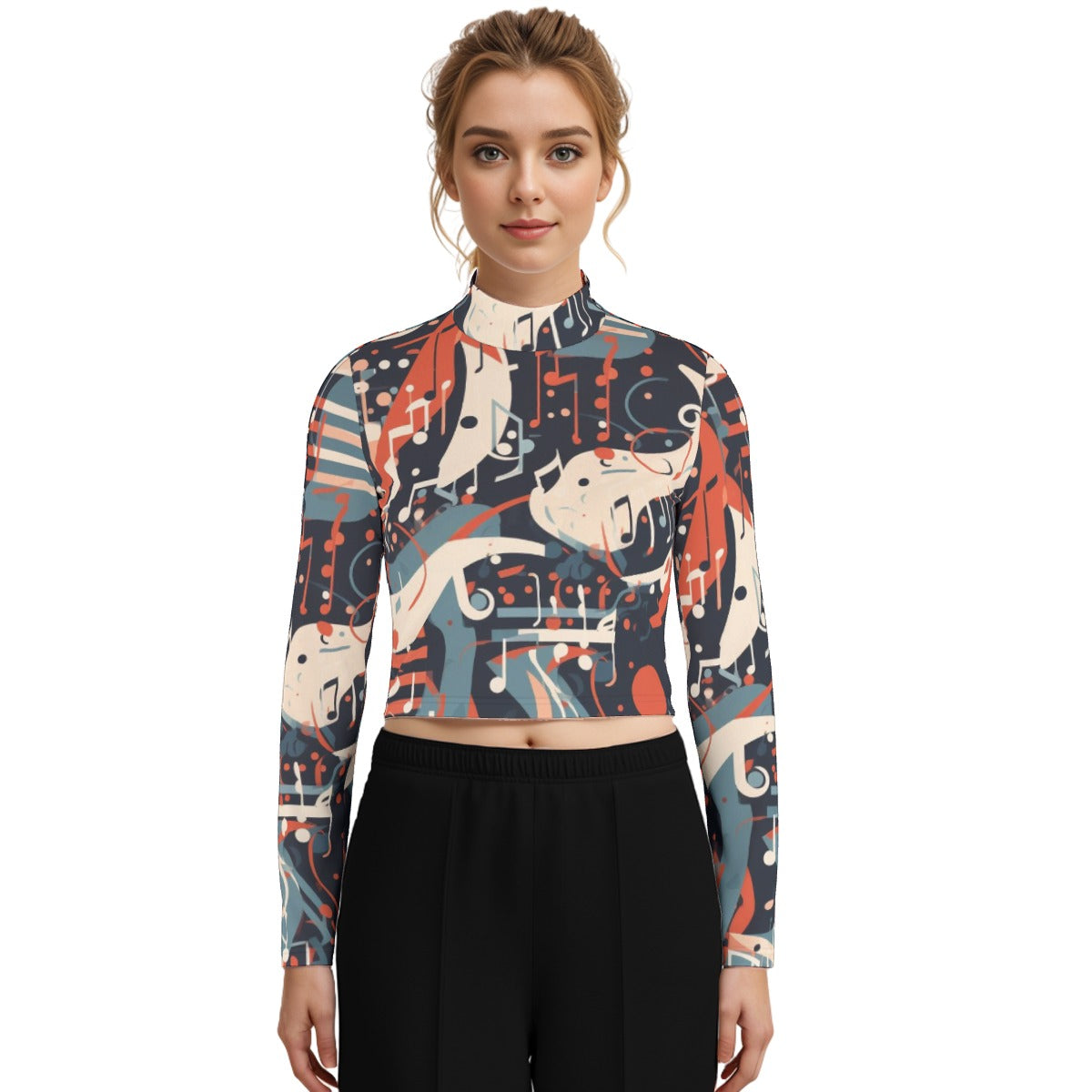 Eco-Friendly All-Over Print Women's Turtleneck T-shirt With Long Sleeve