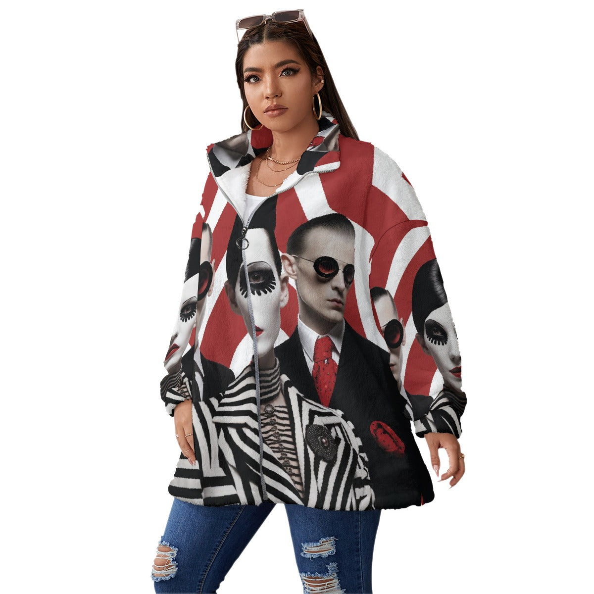 All-Over Print Unisex Borg Fleece Stand-up Collar Coat With Zipper Closure(Plus Size)