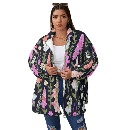 All-Over Print Unisex Borg Fleece Stand-up Collar Coat With Zipper Closure(Plus Size)