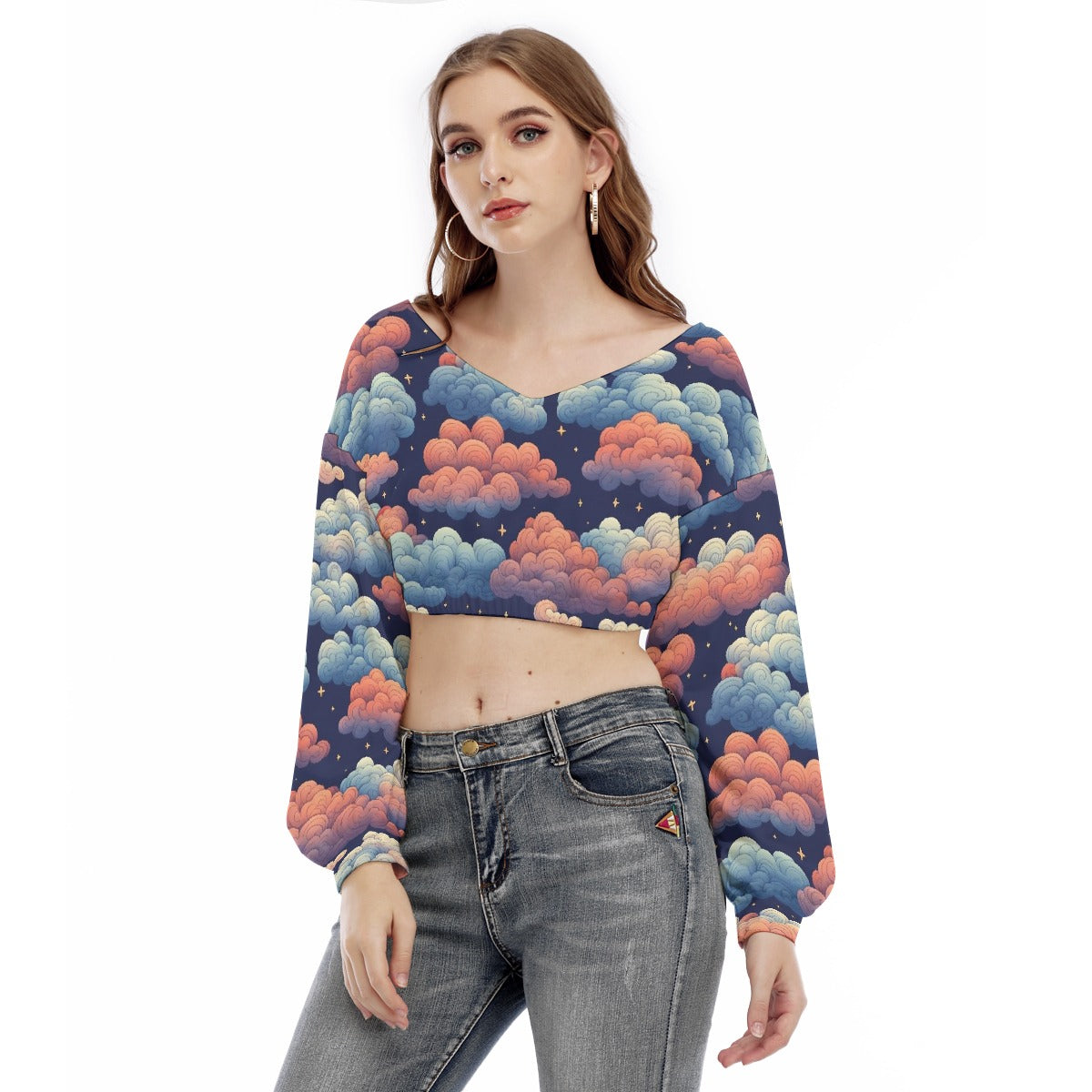 All-Over Print Women's V-neck Long Sleeve Cropped Sweatshirt