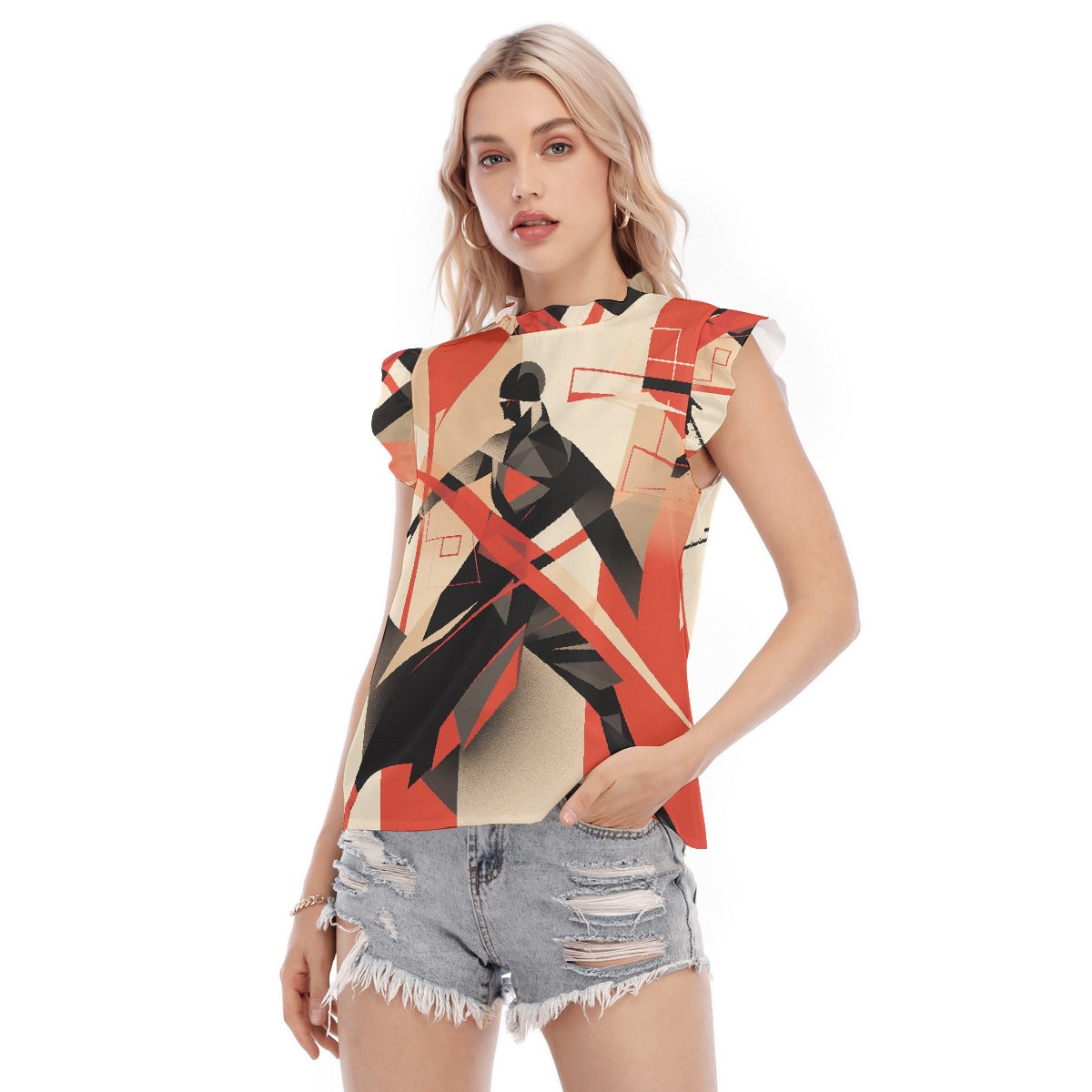 All-Over Print Women's Blouse With Ruffle Collar And Sleeve