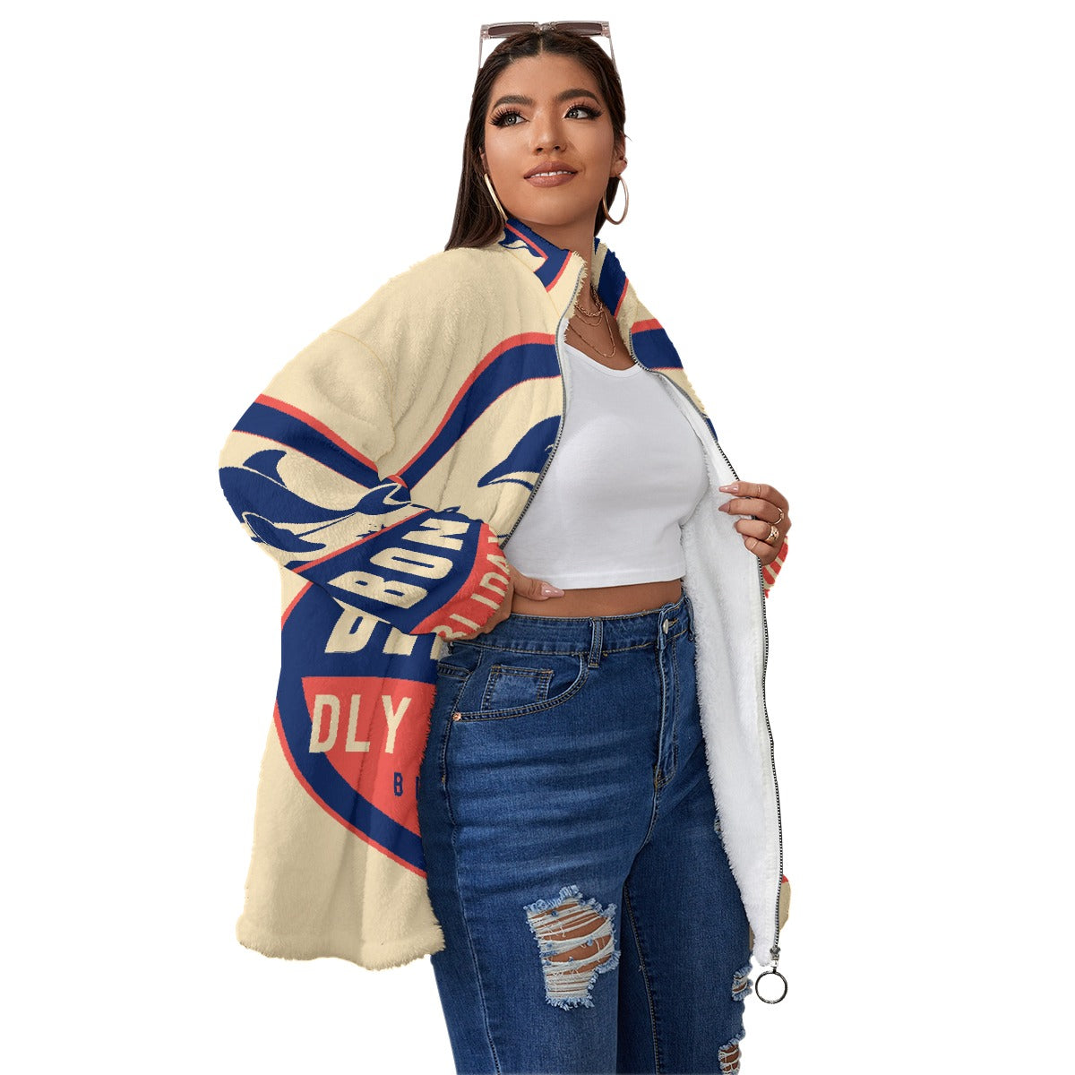 All-Over Print Unisex Borg Fleece Stand-up Collar Coat With Zipper Closure(Plus Size)