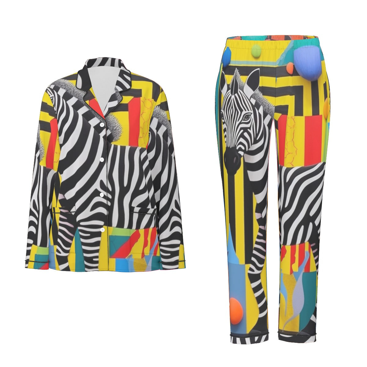 All-Over Print Women's Long Sleeve Pajama Set With Black Contrast Piping