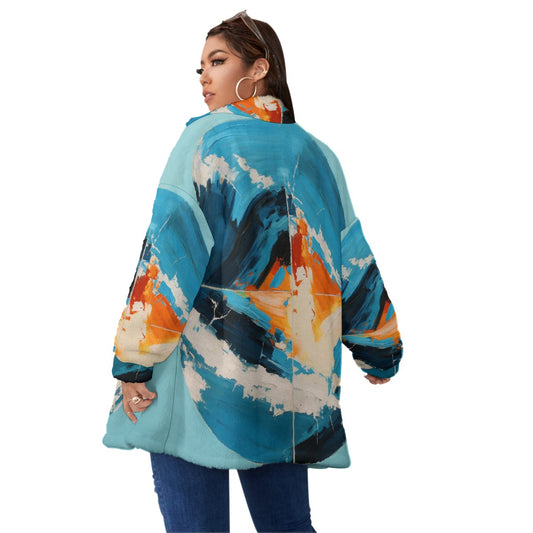 All-Over Print Unisex Borg Fleece Stand-up Collar Coat With Zipper Closure(Plus Size)