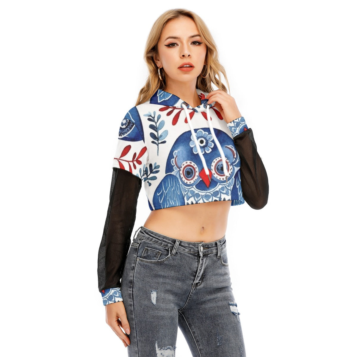 All-Over Print Women's Fake Two-piece Mesh Sleeve Cropped Hoodie