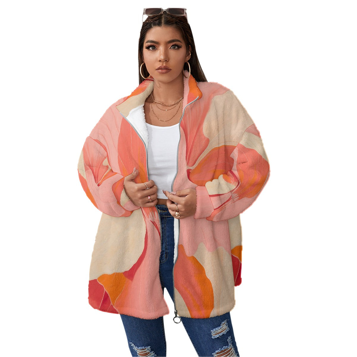 All-Over Print Unisex Borg Fleece Stand-up Collar Coat With Zipper Closure(Plus Size)