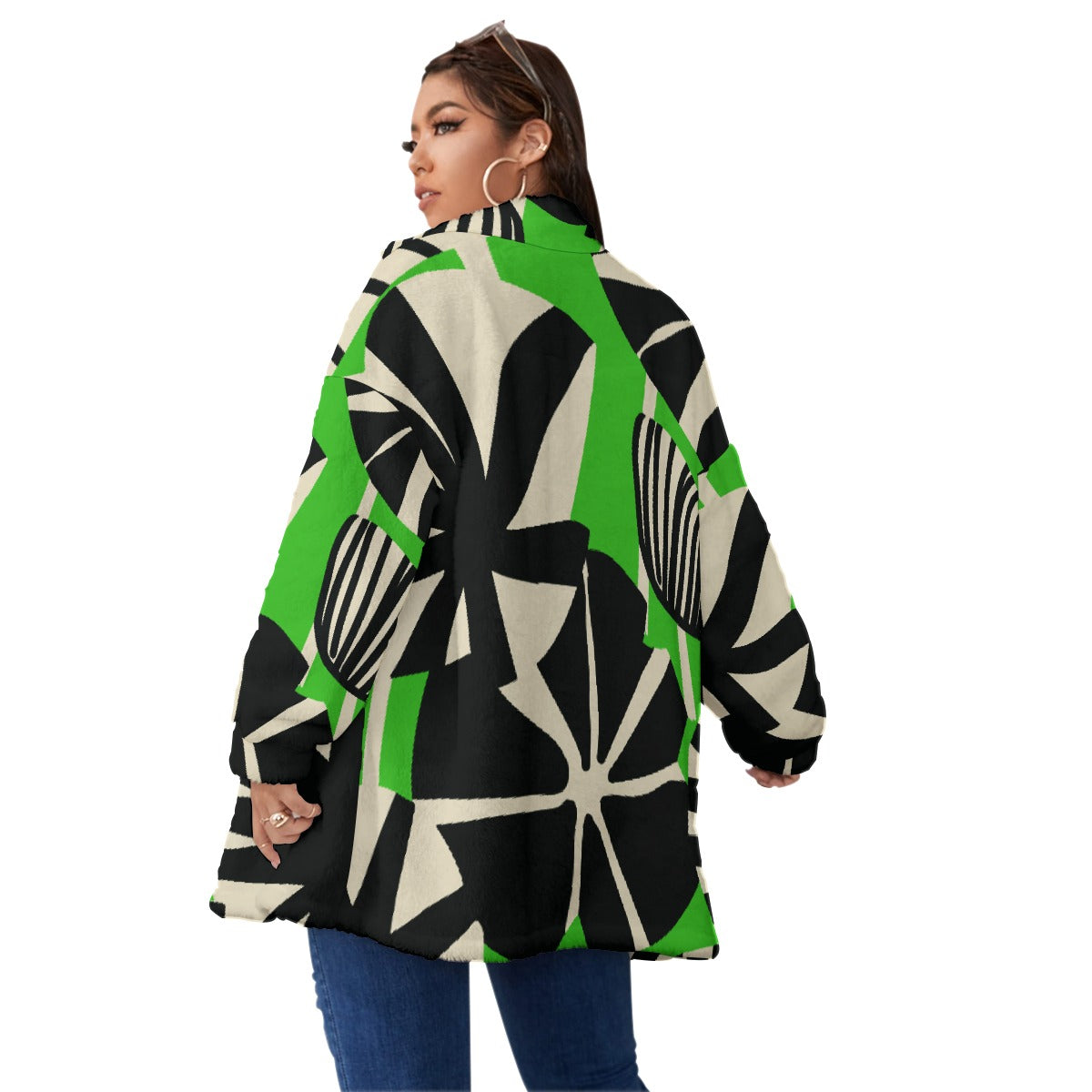 All-Over Print Unisex Borg Fleece Stand-up Collar Coat With Zipper Closure(Plus Size)