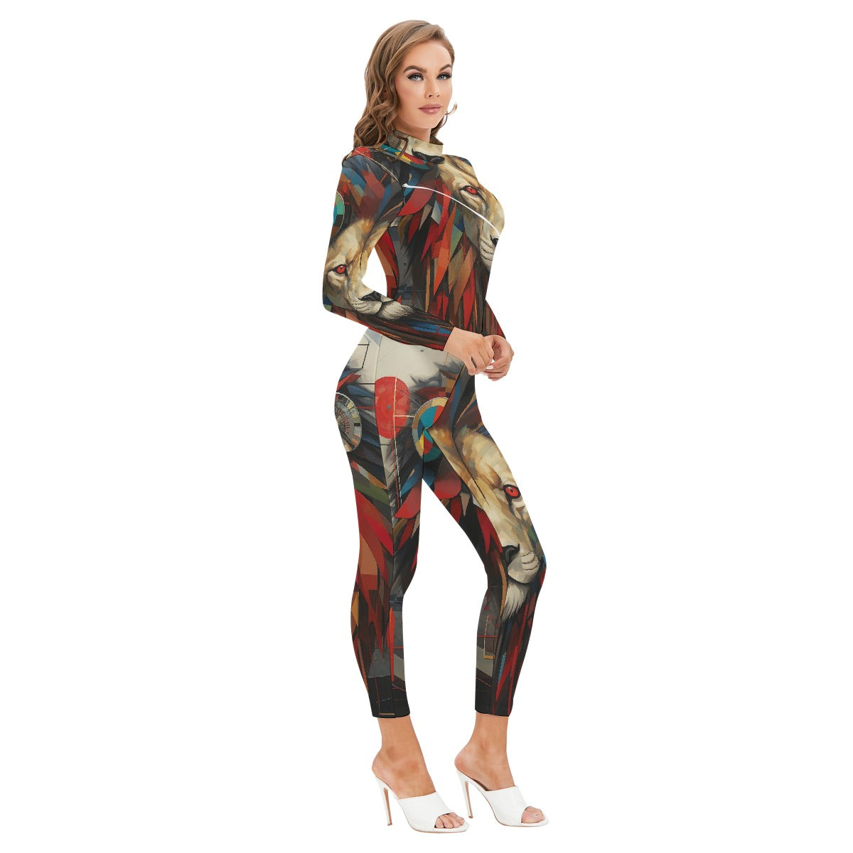 All-Over Print Women's Long-sleeved High-neck Jumpsuit With Zipper