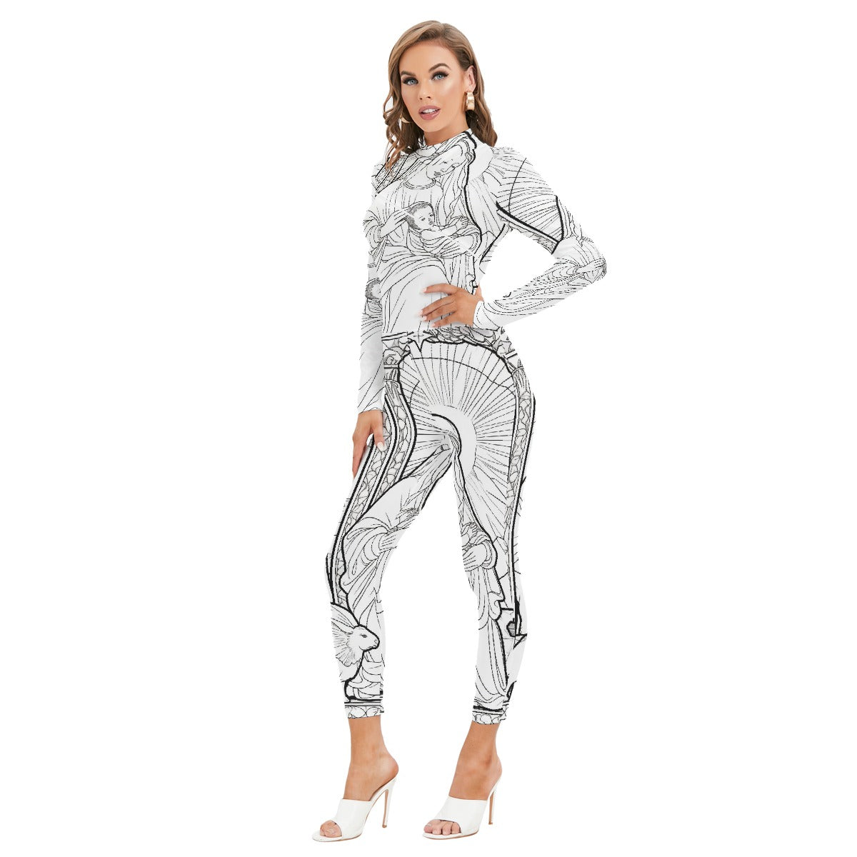 All-Over Print Women's Long-sleeved High-neck Jumpsuit With Zipper